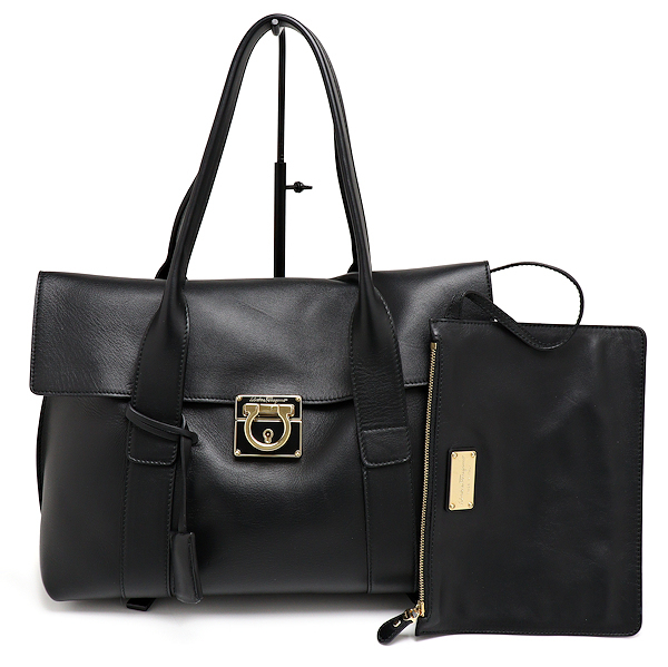 美品 フェラガモ ガンチーニ トートバッグ GG-21D813 ポーチ付き レザー ブラック Salvatore Ferragamo拍卖