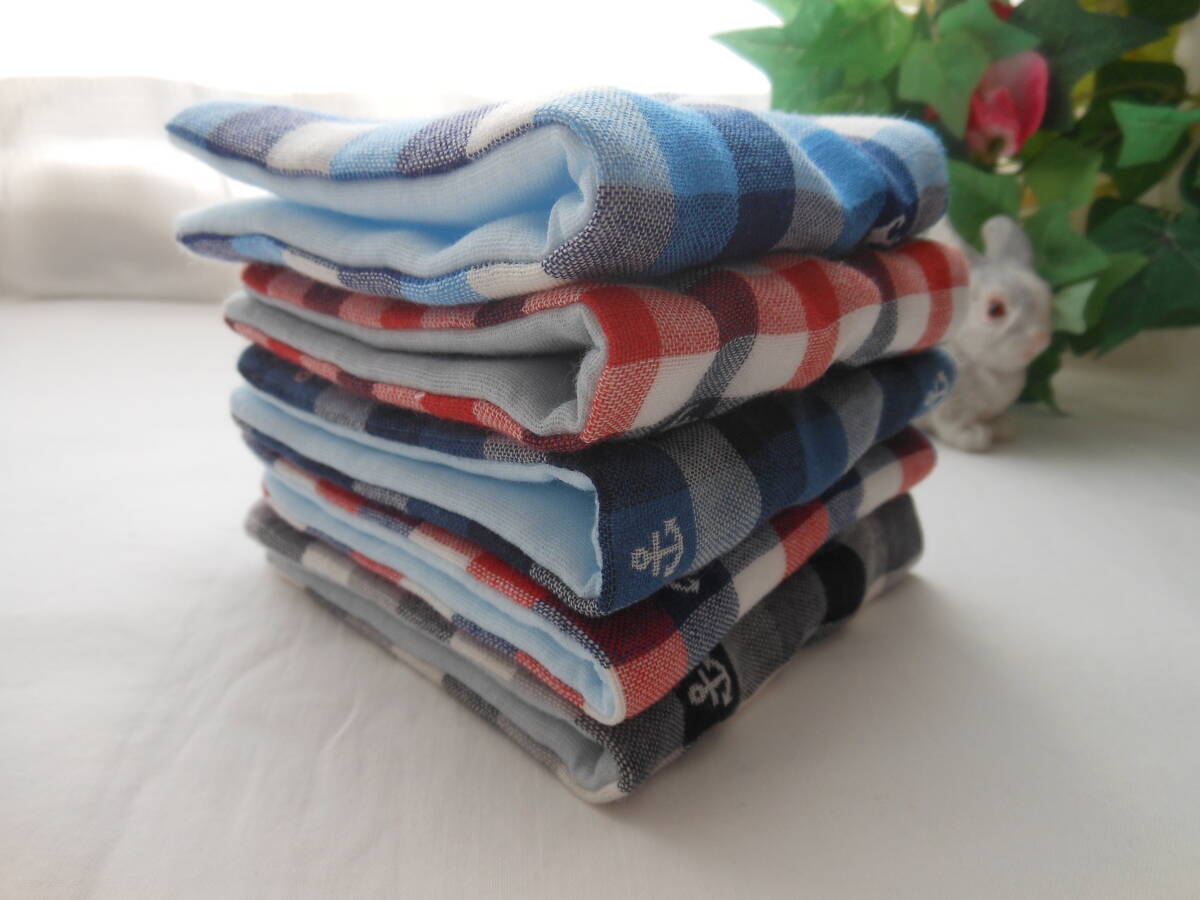 ふわふわガーゼハンカチ チェックマリン 5枚 ① オーガニック赤ちゃん安心 出産 入園 入学 バザー プチギフト 拍卖