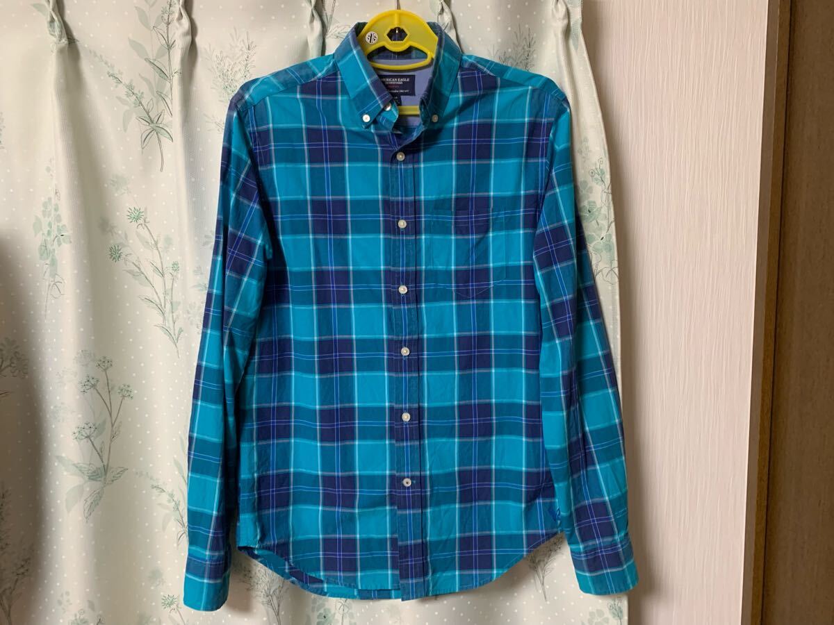 美品 アメリカンイーグル チェックシャツ 長袖シャツ トップス ボタンダウン メンズ レディース ブルー系 青拍卖