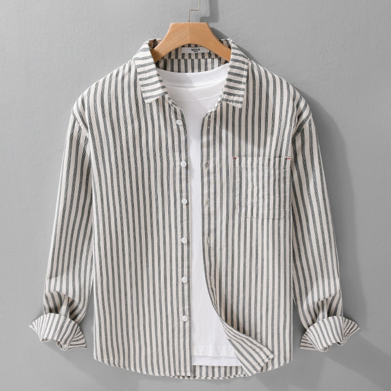 シャツジャケット カジュアルシャツ 長袖シャツ 新品*メンズ シャツ トップス コットン ストライプ 春服秋服【9928】白+黒 L拍卖