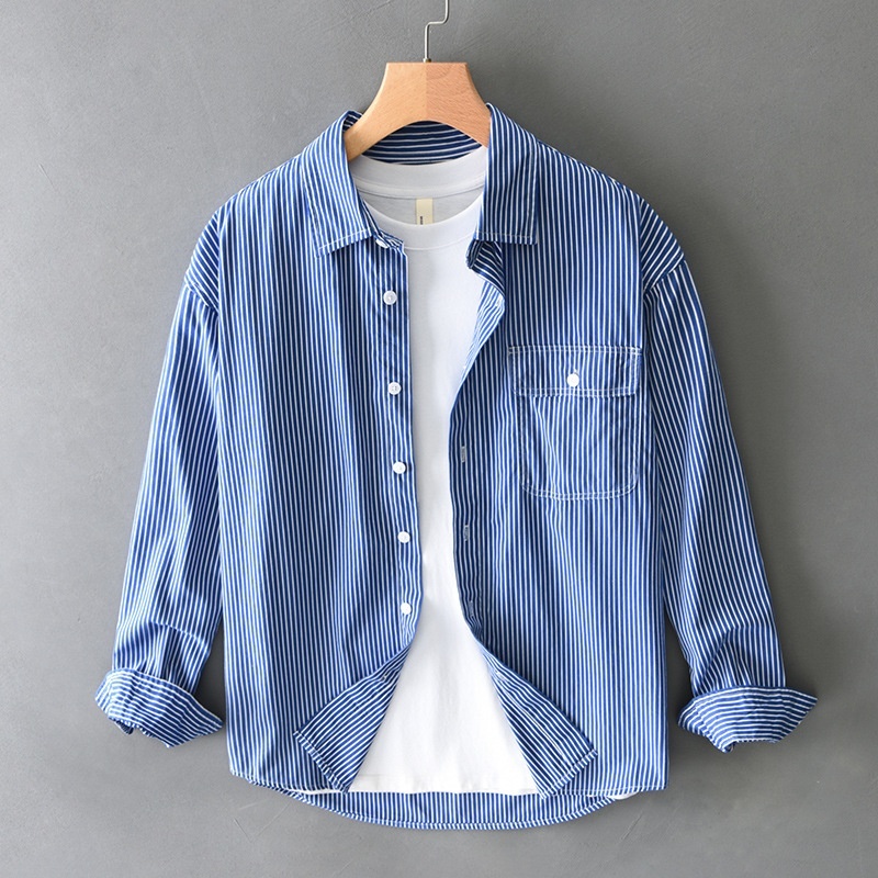 長袖シャツ シャツジャケット 新品*メンズ シャツ トップス コットンシャツ ストライプ 春服秋服【T711】ブルー M拍卖