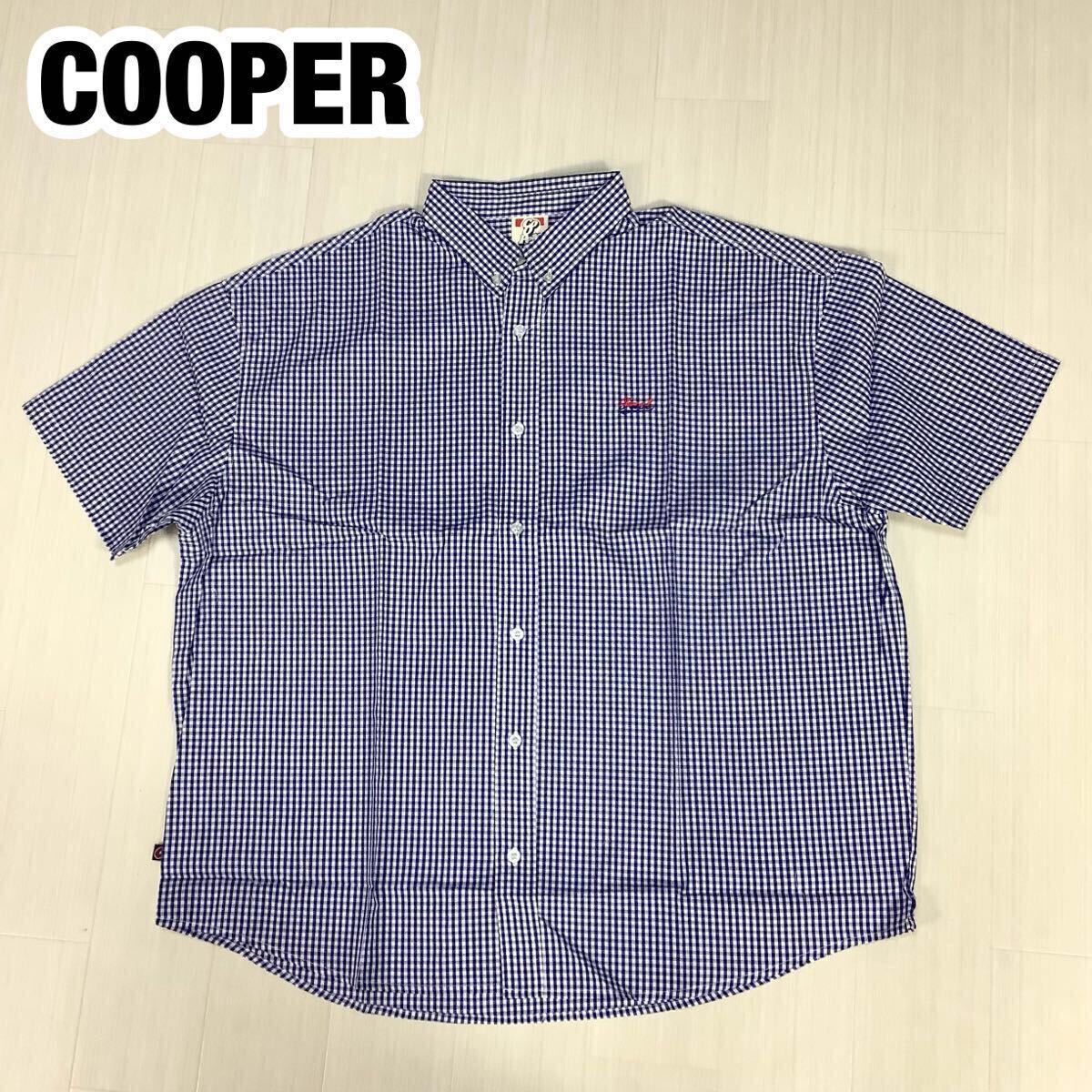 未使用 Cooper クーパー 半袖シャツ サイズ F チェック ブルー×ホワイト 刺繍ロゴ拍卖