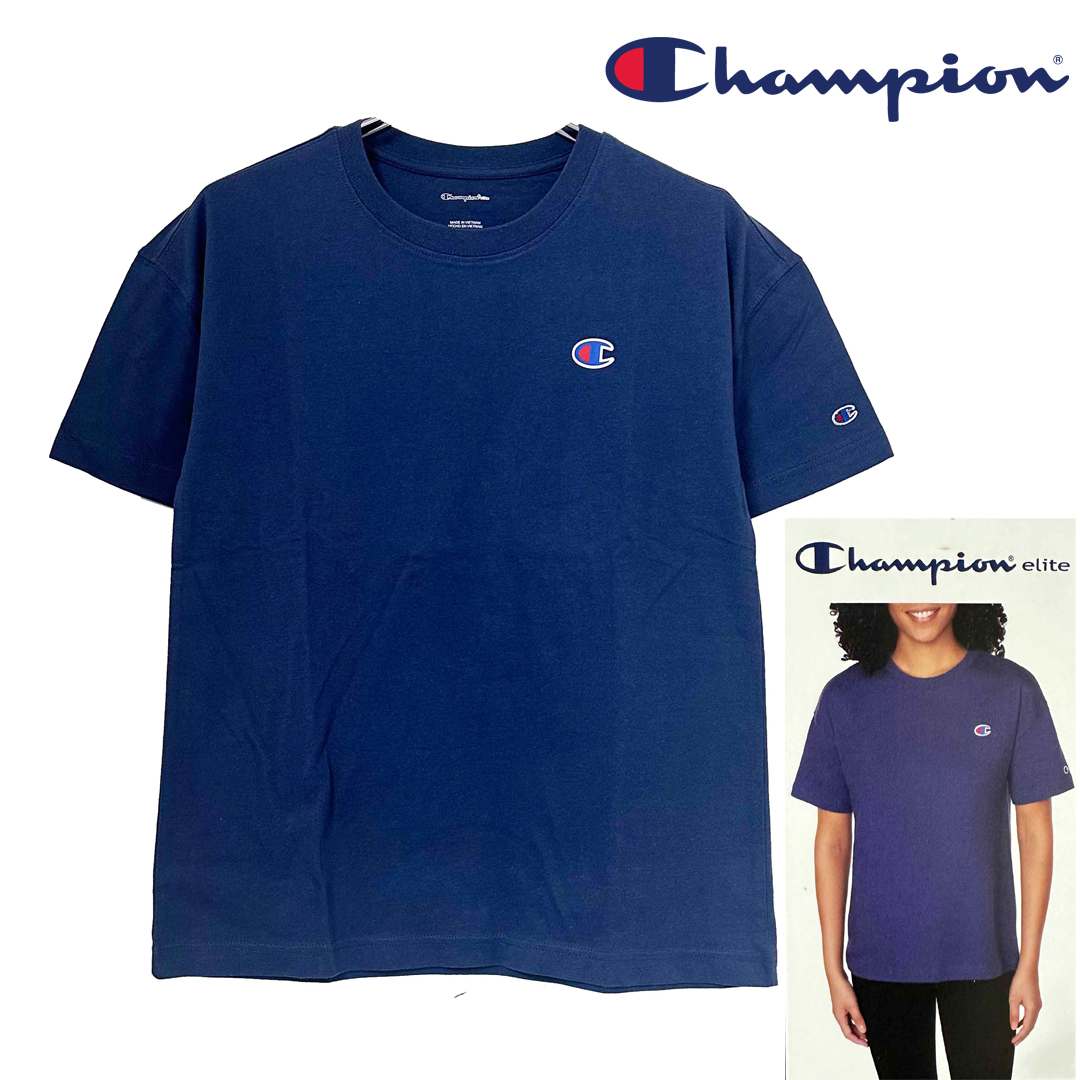 新品 L ★ Champion チャンピオン レディース 半袖 Tシャツ ネイビー ブルー クルーネック ロゴ コットン 綿 ボーイフレンド ルーズ 紺拍卖