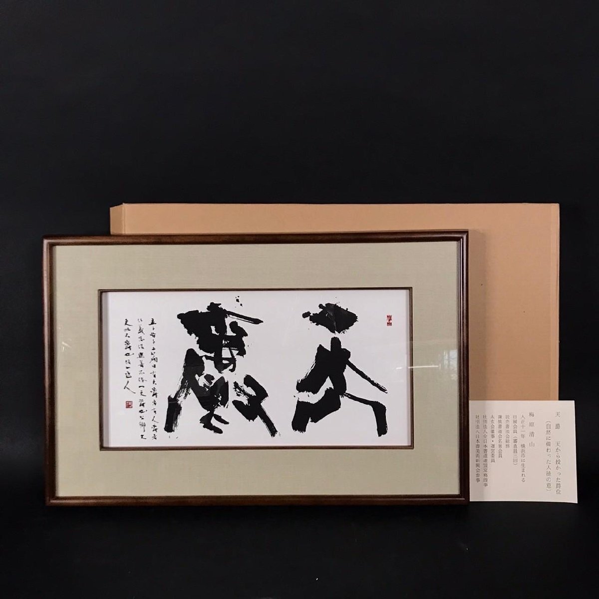 ER0109-5-3 梅原清山【天爵】版画 額装 漢詩 古書 書道 書道家 書画 師 青山杉雨 額サイズ H35.5cm W55cm D2cm120サイズ拍卖