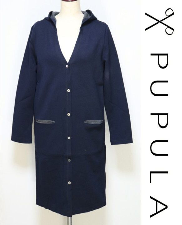 25,300円新品タグ付き【PUPULA ププラ】ストレッチ 羽織り フード付き ニットロングカーディガン 紺 38(M) v6434拍卖