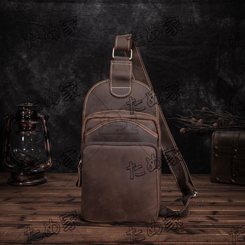08 本革 メンズ胸バッグカジュアルファッション男性バッグ牛革レトロ多機能斜めショルダーバッグ拍卖