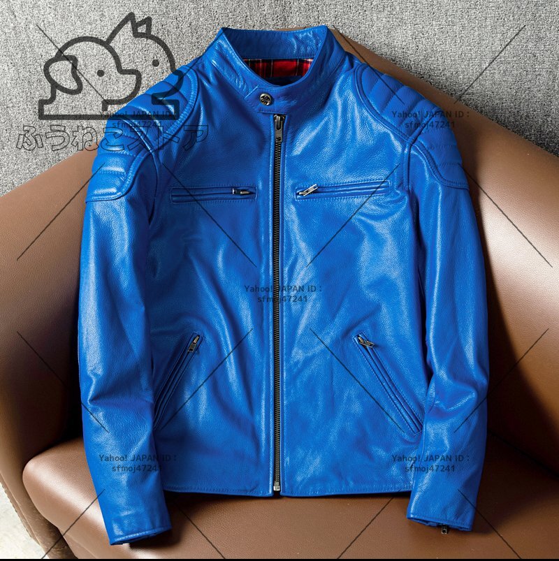 牛革100% ライダースジャケット メンズ ジャン 本革 ラムレザージャケット ブルー ★サイズ選択可能拍卖