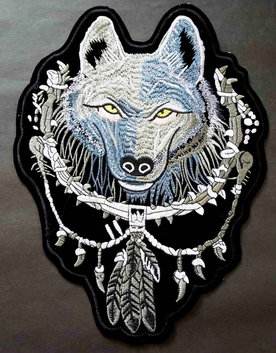 《特大US首輪羽飾凝視狼》特大◎新品 『オオカミ 』刺繍ワッペン◇アメリカ 二輪車 オートバイ バイク 単車 ハードロック ハーレー愛好家◎拍卖