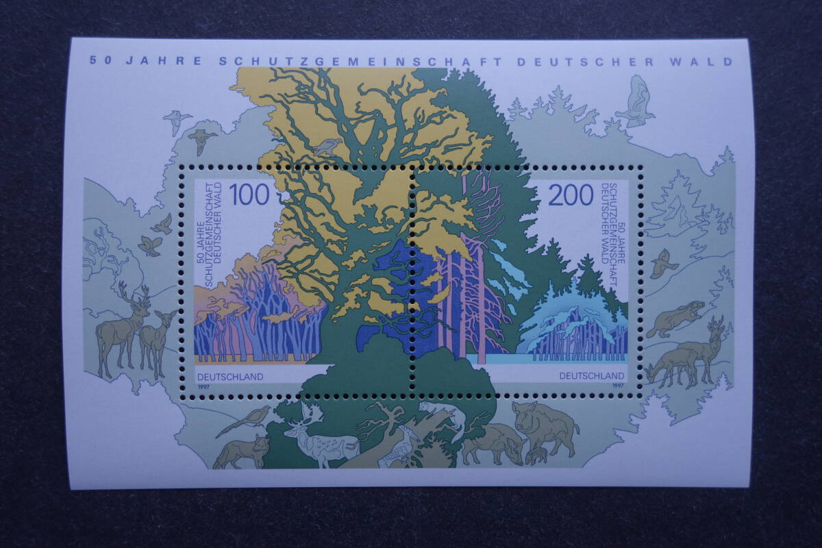 外国切手: ドイツ切手 「Society for Protection of German Forests 50年」(印面:落葉樹と常緑樹)小型シート 未使用拍卖