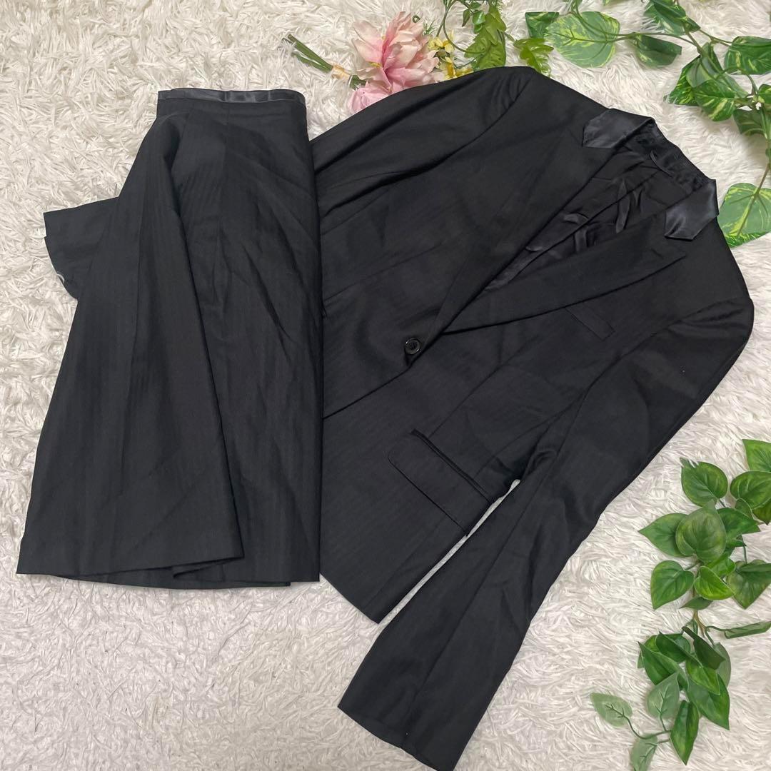 美品 アダムエロペ スカートスーツ上下 セットアップ ジャケット スカート ブラック 黒 シルク レディース 38 Mサイズ拍卖