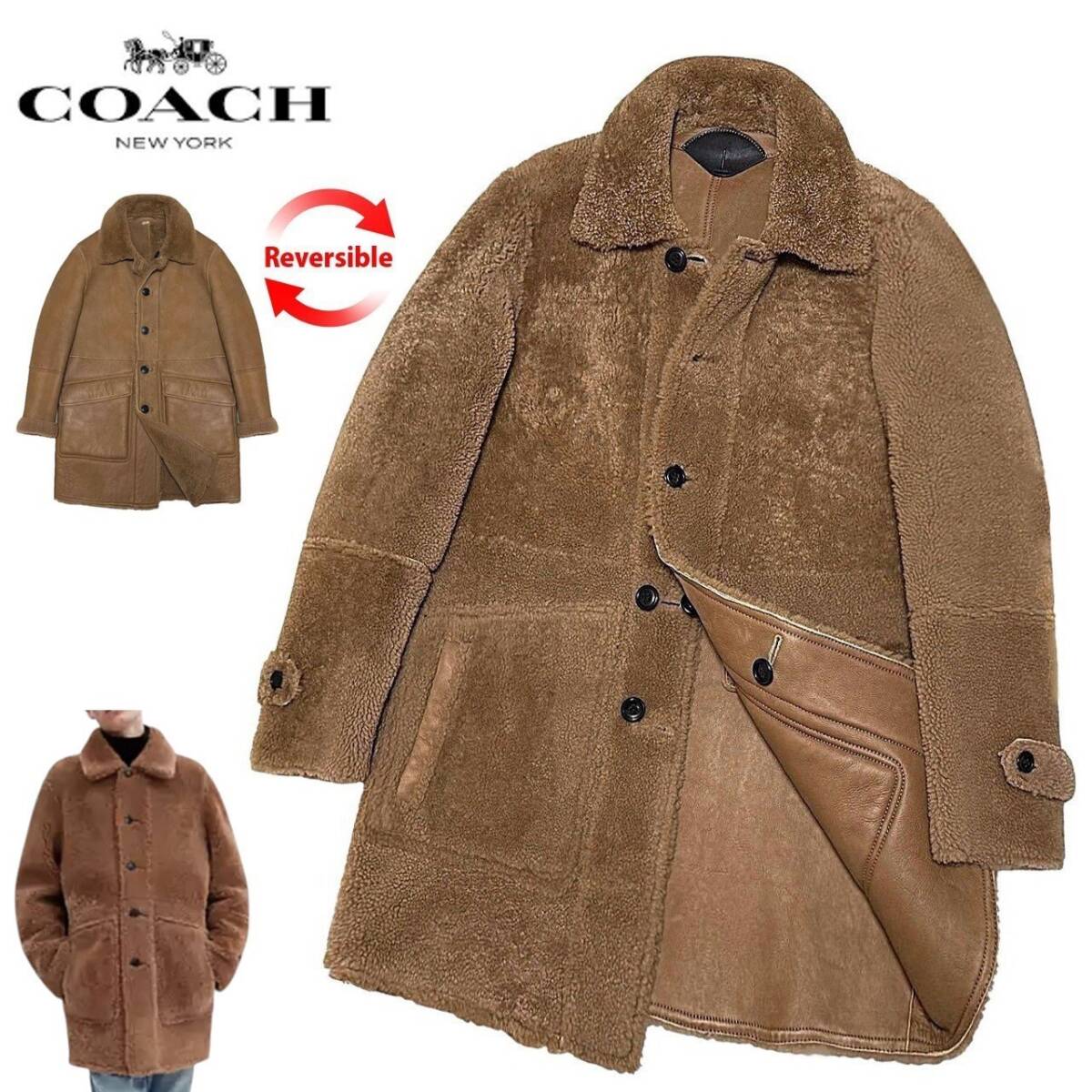 贅の極み! 美品 定価37.4万 COACH コーチ リバーシブル シアリング ムートンコート L~XL程 羊革 ジャケット 羊毛皮 牛革 レザー ジャケット拍卖