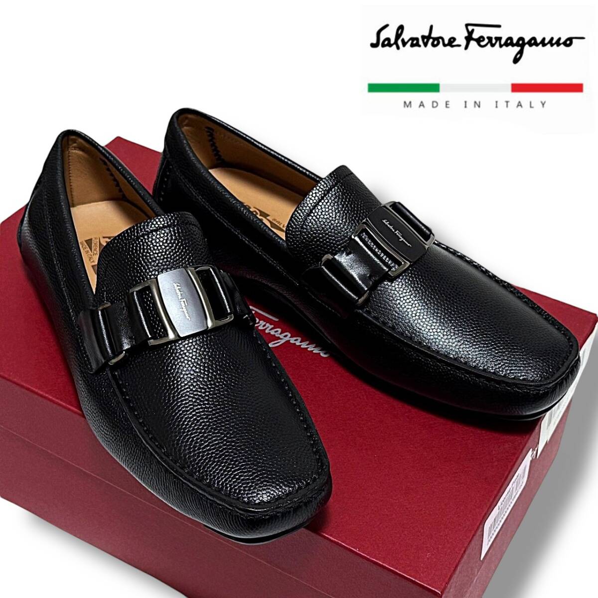 新品 定10万 イタリア製 フェラガモ SARDEGNA 極上カーフレザー ヴァラリボン ドライビングシューズ 6EEE ローファー スリッポン Ferragamo拍卖
