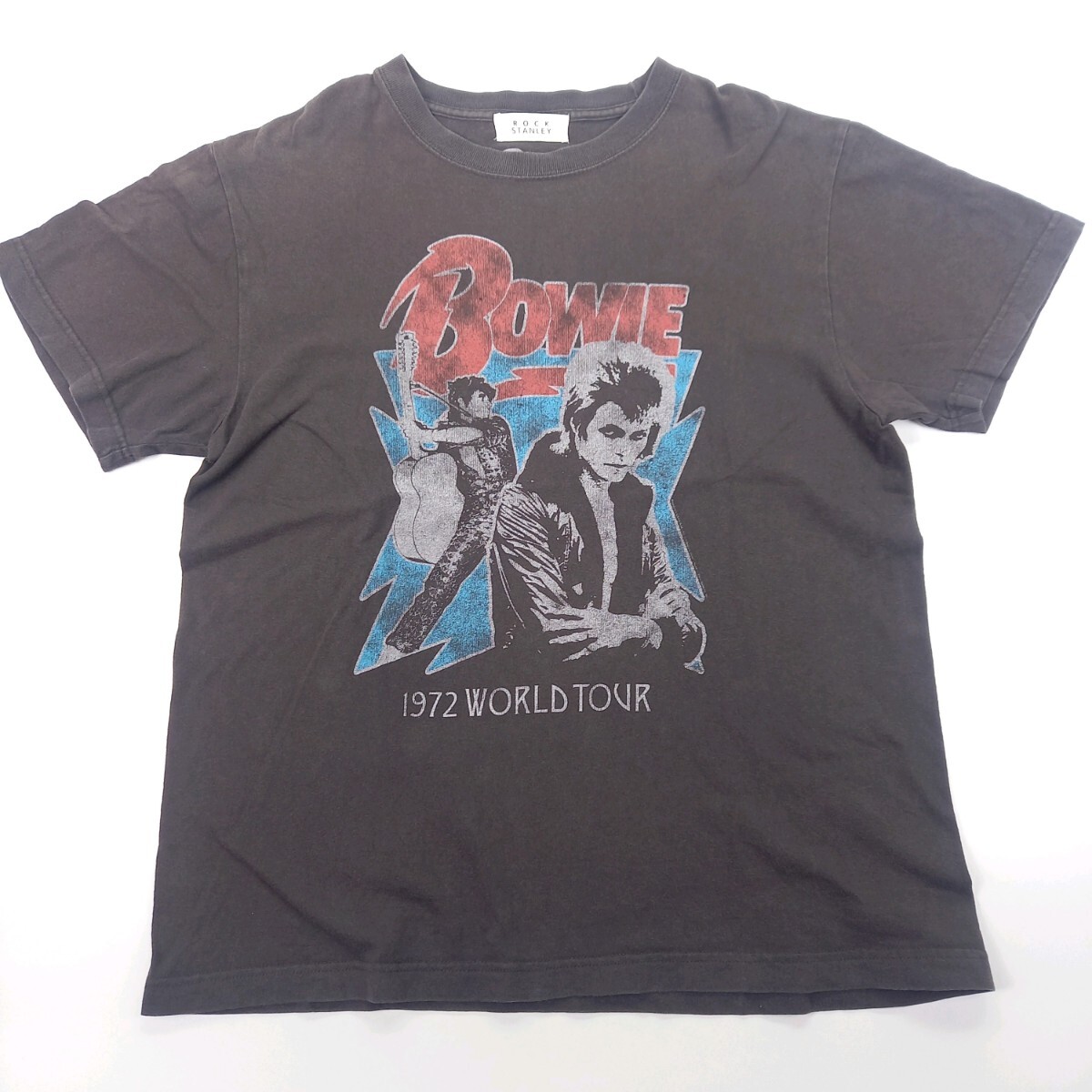F (メンズLよりやや小さめ) ROCK STANLEY (B.C STOCK) デヴィッドボウイツアー Tシャツ 前面プリント ダークグレー 半袖 リユース ts2874拍卖