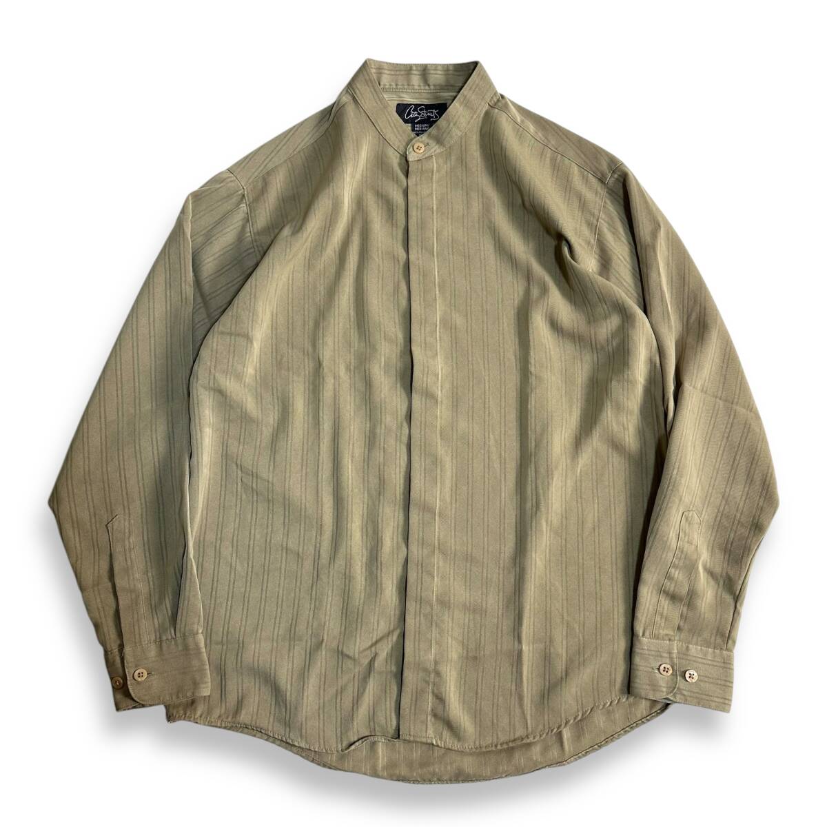 お洒落【City Streets】VINTAGE 80s 90s ストライプ柄 バンドカラー長袖シャツ レトロ比翼シャツ オールド 古着 ポリシャツ拍卖