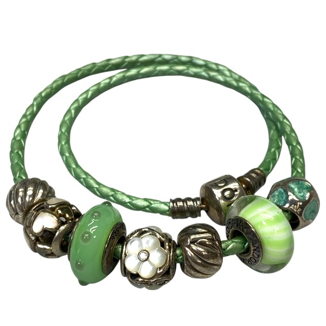 PANDORA パンドラ ブレスレット バングル アクセサリー 小物 レザー SV925 グリーン シルバー拍卖
