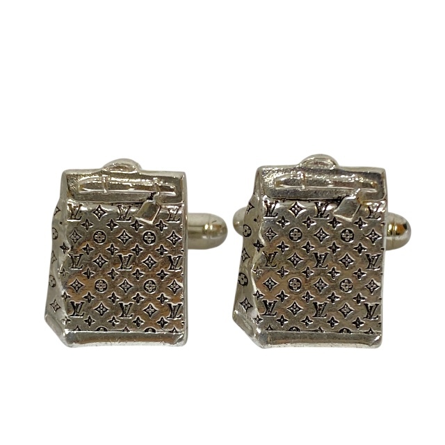 【希少】LOUIS VUITTON ルイヴィトン バッグモチーフ カフス カフリンクス アクセサリー 小物 ロゴ メタル シルバー ケース付き拍卖