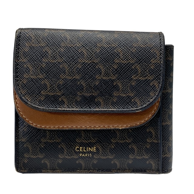 CELINE セリーヌ 財布 二つ折り財布 折財布 オリガミウォレット コンパクトウォレット ミニ財布 トリオンフ ロゴ 総柄 レザー ブラウン拍卖