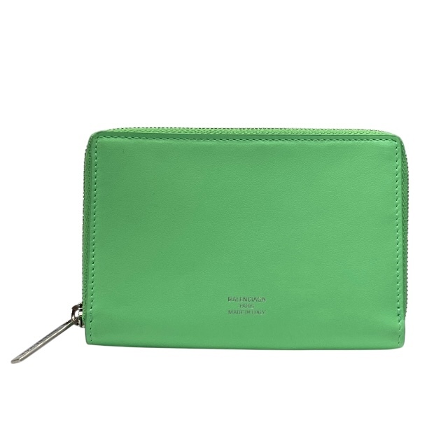 BALENCIAGA バレンシアガ 771323 コインケース 小銭入れ ミディアムウォレット ラウンドファスナー ロゴ レザー グリーン キーリング付き拍卖