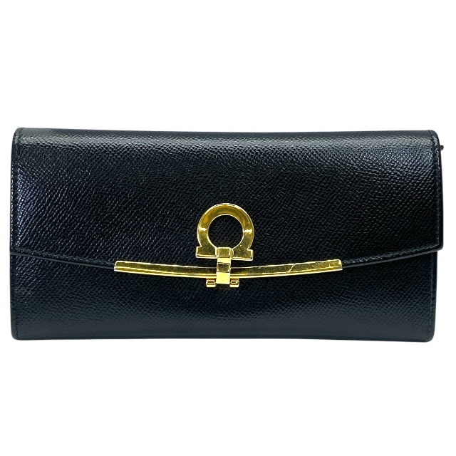 Salvatore Ferragamo フェラガモ ガンチーニ 財布 二つ折り財布 折り財布 ロングウォレット ロゴ レザー ブラック カードケース付き拍卖