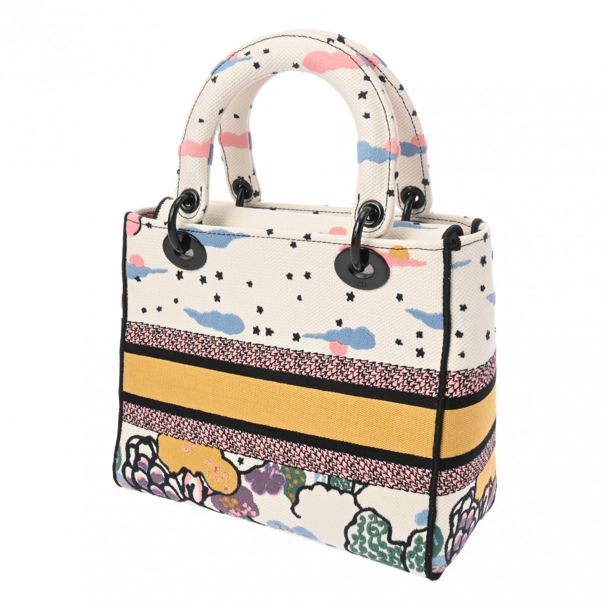 銀蔵 中古 クリスチャンディオール LADY D-LITE ミディアムバッグ 2WAY ホワイト/マルチカラー キャンバス ハンドバッグ ランクA拍卖