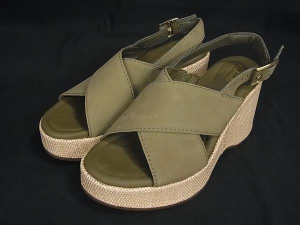 ■極美品■ Clarks クラークス スエード ウェッジソール サンダル ヒール サイズ 6 1/2 (約23.5cm) 靴 シューズ カーキ系 FG0622拍卖