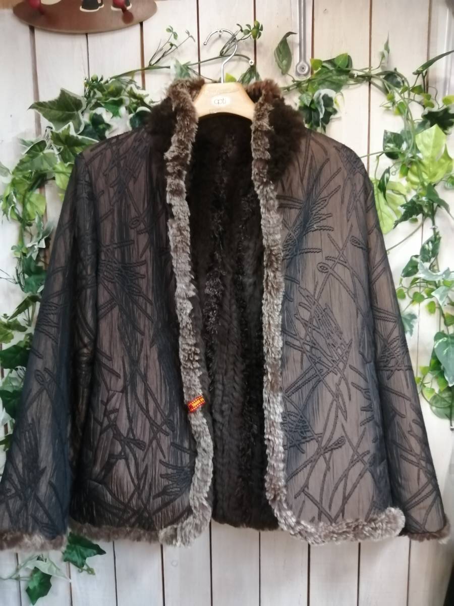 ★C088★ラビットファー★リバーシブル★モコモコ★ショートコート★長袖★茶系★サイズ? 前開き 難あり拍卖