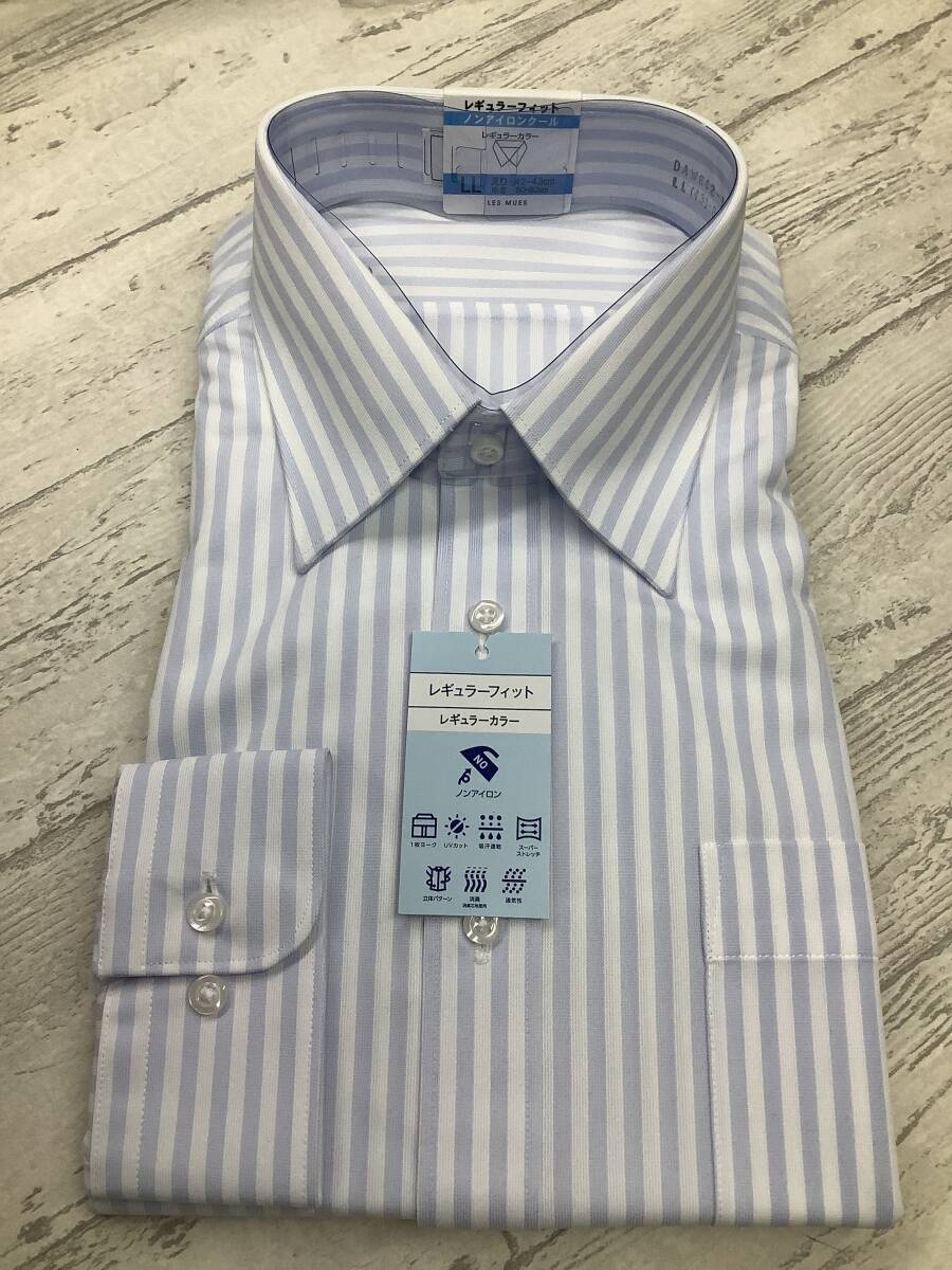 ★43-82★ LLサイズ 定価4,990円の品 ポリエステル100% カッターシャツ★ノンアイロン 淡いブルー 綺麗なストライプ拍卖