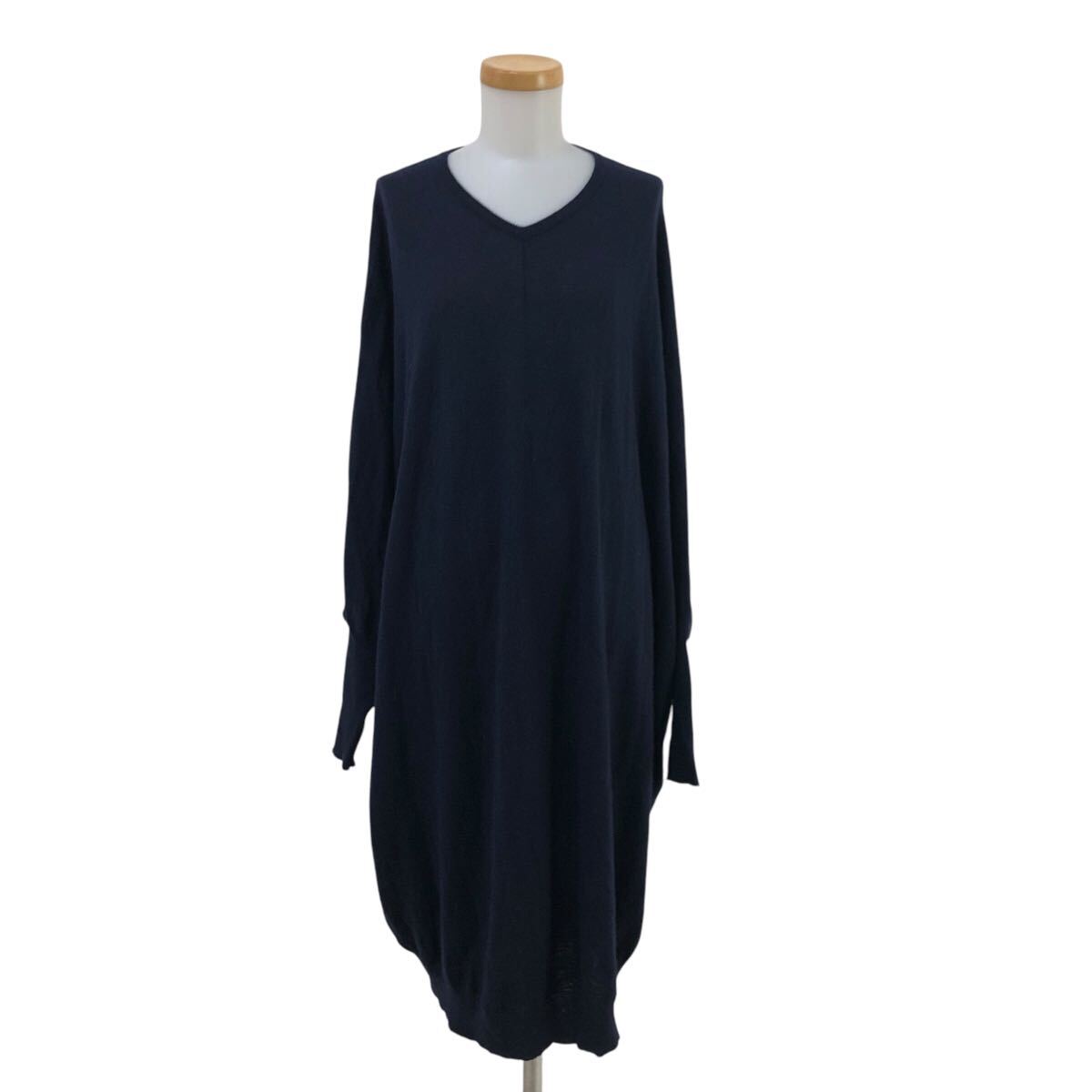 Nm284-61 mizuiroind ミズイロインド ドルマン デザイン Vネック 長袖 ニット ワンピース ワンピ ネイビー 紺 レディース 実寸参考拍卖