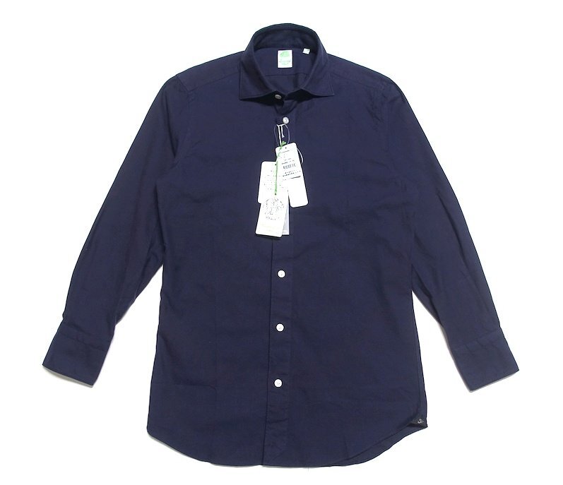 24AW 定価4.2万 新品未使用 Fianmore フィナモレ LUIGI BALI ワイドカラーシャツ カッタウェイ ダークネイビー コットン メンズ XS拍卖