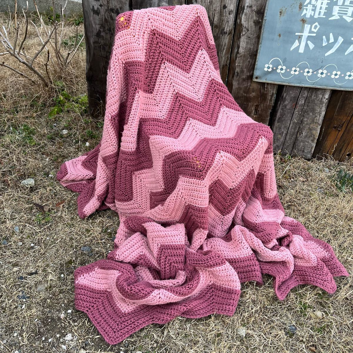 【USA vintage】Granny Blanket pink グラニーブランケット ピンク ギザギザ アメリカ ビンテージ拍卖