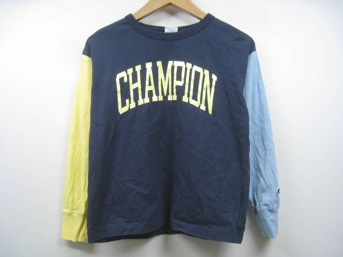 Champion チャンピオン キッズ 子供 男の子 ロンT ロングスリーブTシャツ 長袖Tシャツ ロゴ 袖色違い 紺 ネイビー サイズ150拍卖