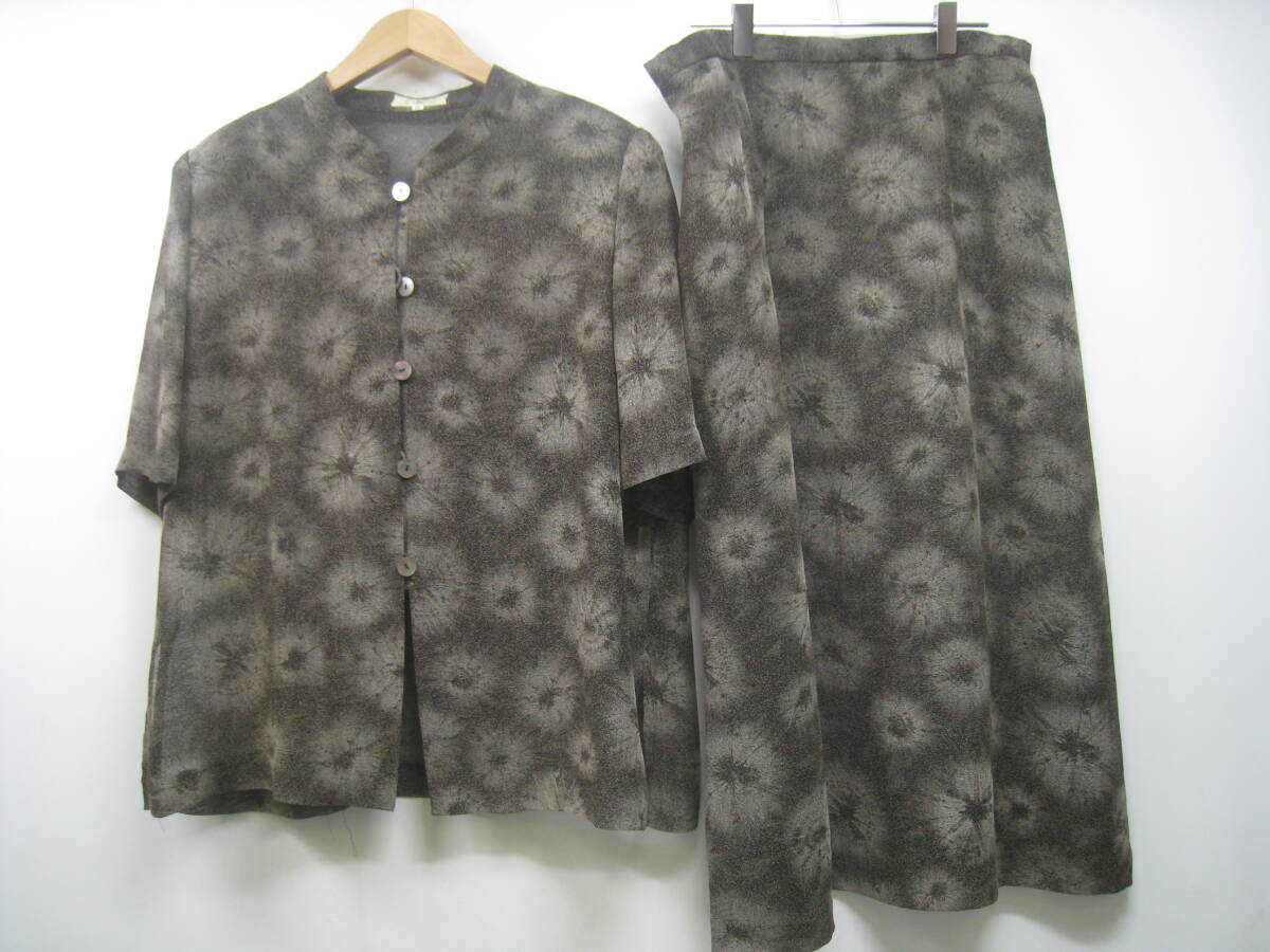 STUDIO ALPHA スタジオアルファー セットアップ 上下 ジャケット 半袖 スカート 総柄 シアー 肩パッド付 ブラック ブラウン サイズ17BR拍卖