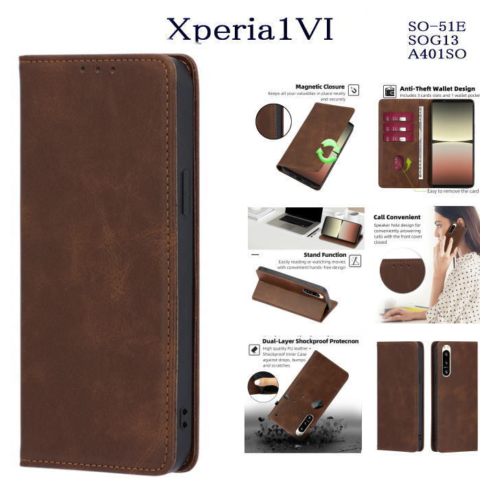Xperia1VI レザー手帳型ケース SO-51E/SOG13/A401SO ブラウン拍卖