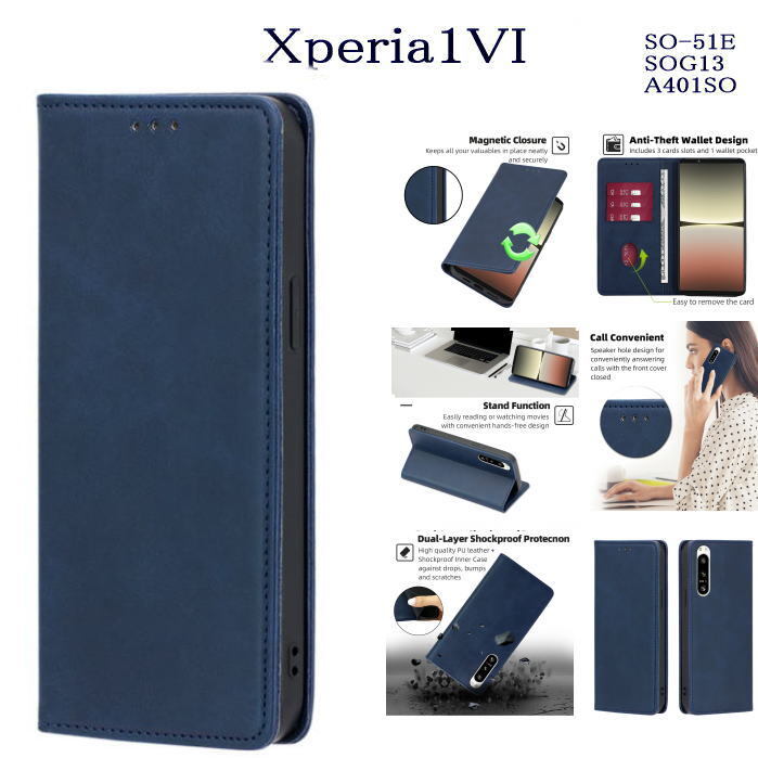 Xperia1VI レザー手帳型ケース SO-51E/SOG13/A401SO ブルー拍卖