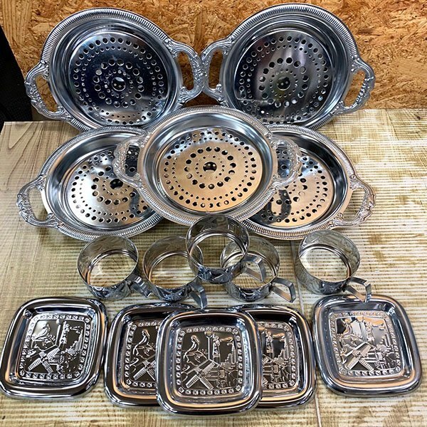 送料無料◆ ステンレス製 まとめ売り オードブルプレート フルーツ皿5セット グラスホルダー5セット コースター5セット 中古品拍卖