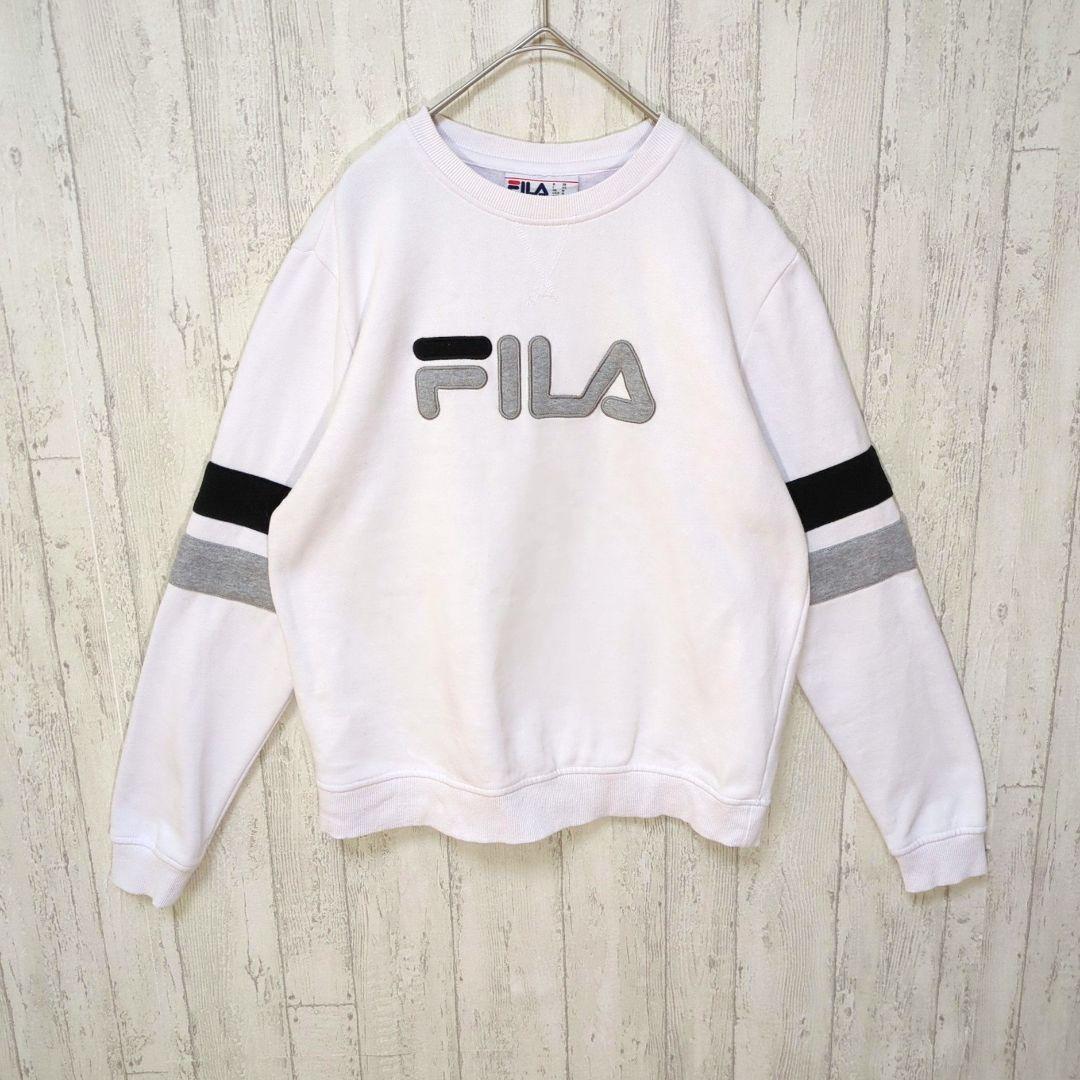 FILA USA古着 スウェット 厚手 刺繍ロゴ ライン ホワイト #h826拍卖