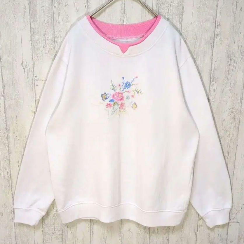 刺繍デザイン 蝶々 ビンテージスウェット USA古着 ホワイト レトロ #h875拍卖