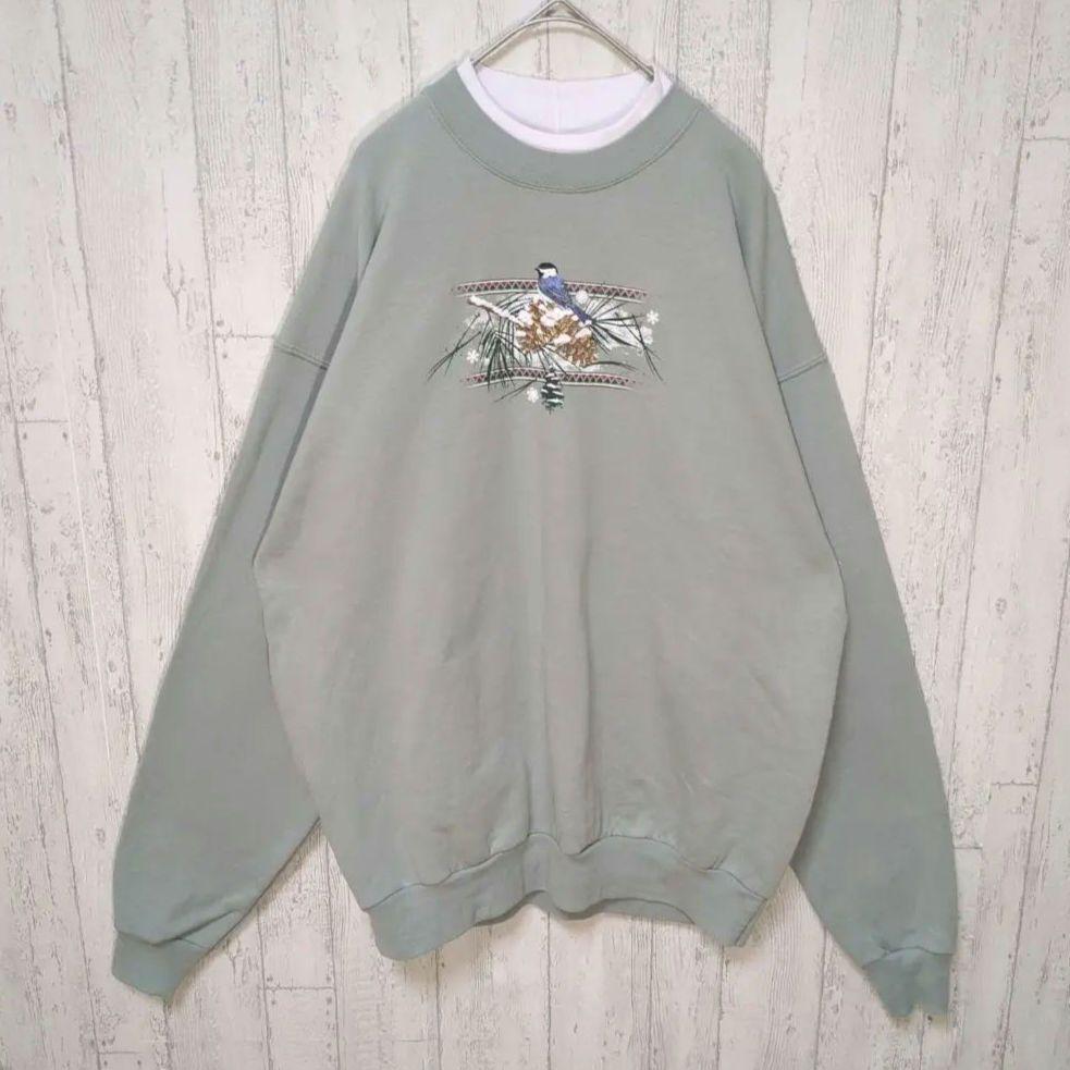 Hanes ビンテージスウェット USA古着 裏起毛 アニマル サージグリーン #h884拍卖