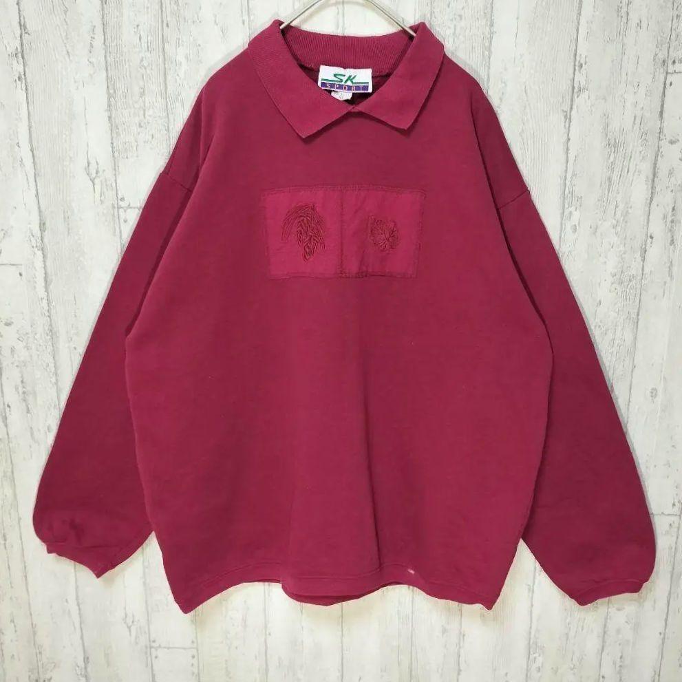 USA製 ビンテージ古着 襟付きスウェット 刺繍デザイン オーバーサイズ #h548拍卖