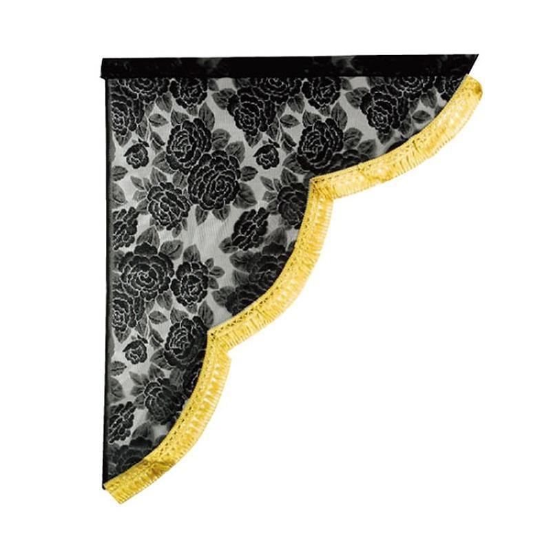 薔薇柄レースサイドカーテン Lサイズ ブラック(黒)/フレンジ:ゴールド(金) 三角型 トラック 乗用車拍卖