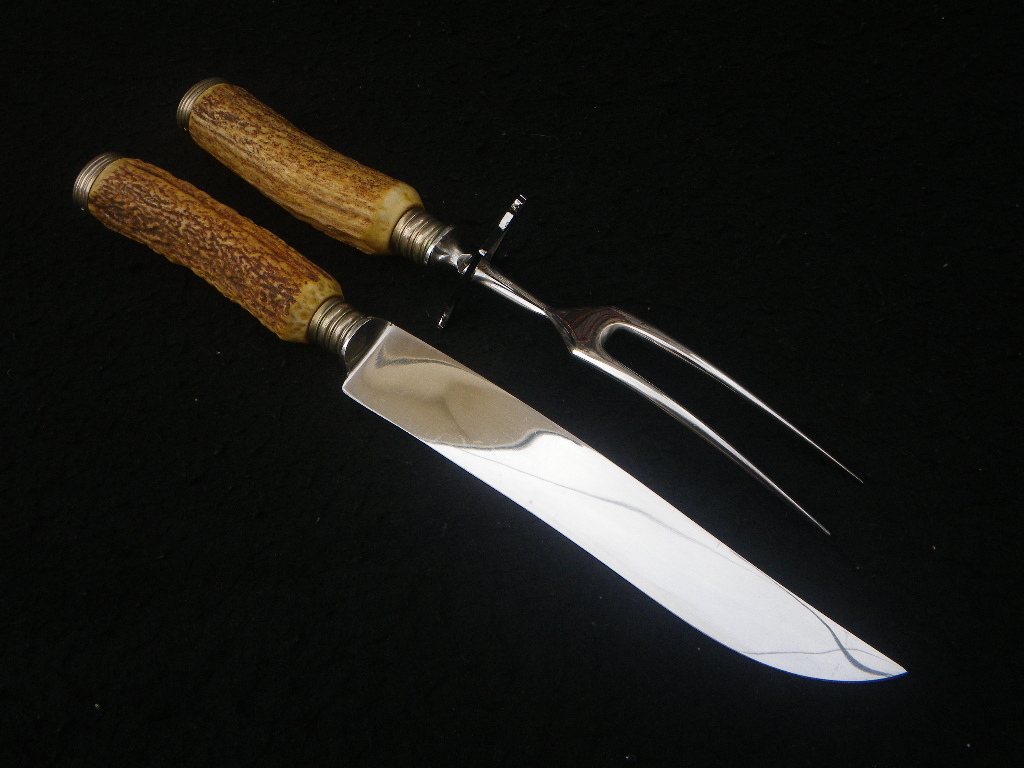 鹿角柄 PUMA‐WERK SOLINGEN carving set knife&fork steak ナイフ&フォーク セット ステーキ カービングナイフ ミートフォーク拍卖