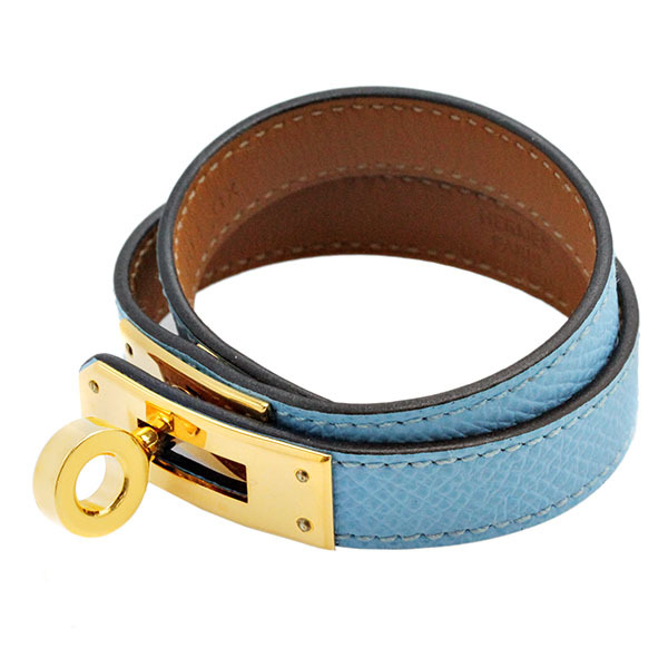 エルメス HERMES ケリー ドゥブルトゥール ブレスレット エプソン ゴールド金具 セレステ T2 U刻印 レザー アクセサリー 女性 レディース拍卖