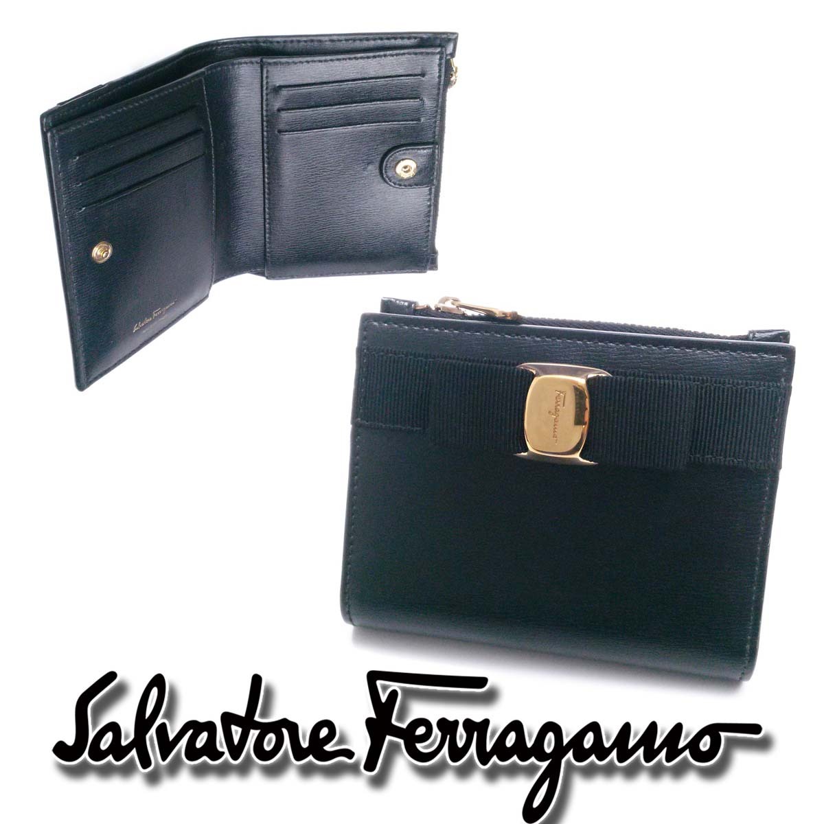 【美品】フェラガモ ヴァラ お財布 コンパクトウォレット 黒 ゴールド金具 レザー ボタン ジップ レディース 箱 ap9484【一撃即決】拍卖