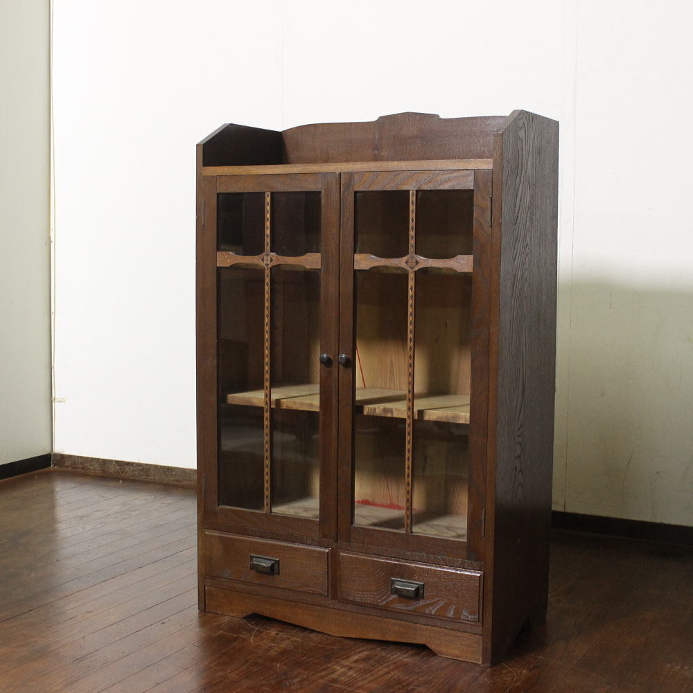 昭和レトロ!古ガラス・象嵌細工の木製収納棚 本箱 食器棚 ガラスケース 書庫 什器 ヴィンテージ 収納戸棚 古家具 アンティーク拍卖
