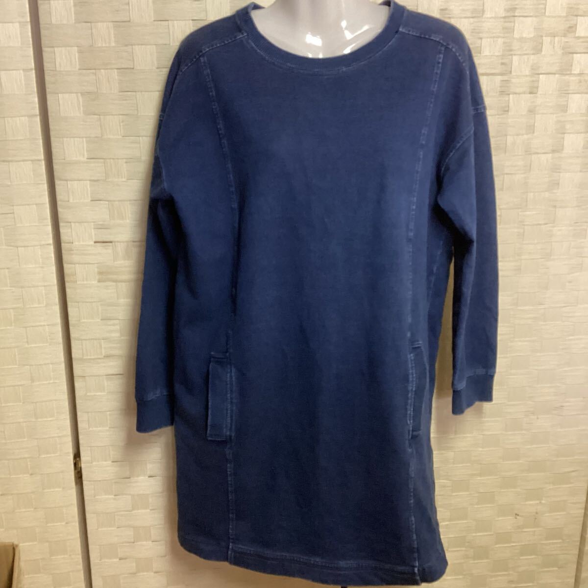 ダークブルー ポケット付 レディース デニム風 長袖 トップス Lサイズ(せ43拍卖