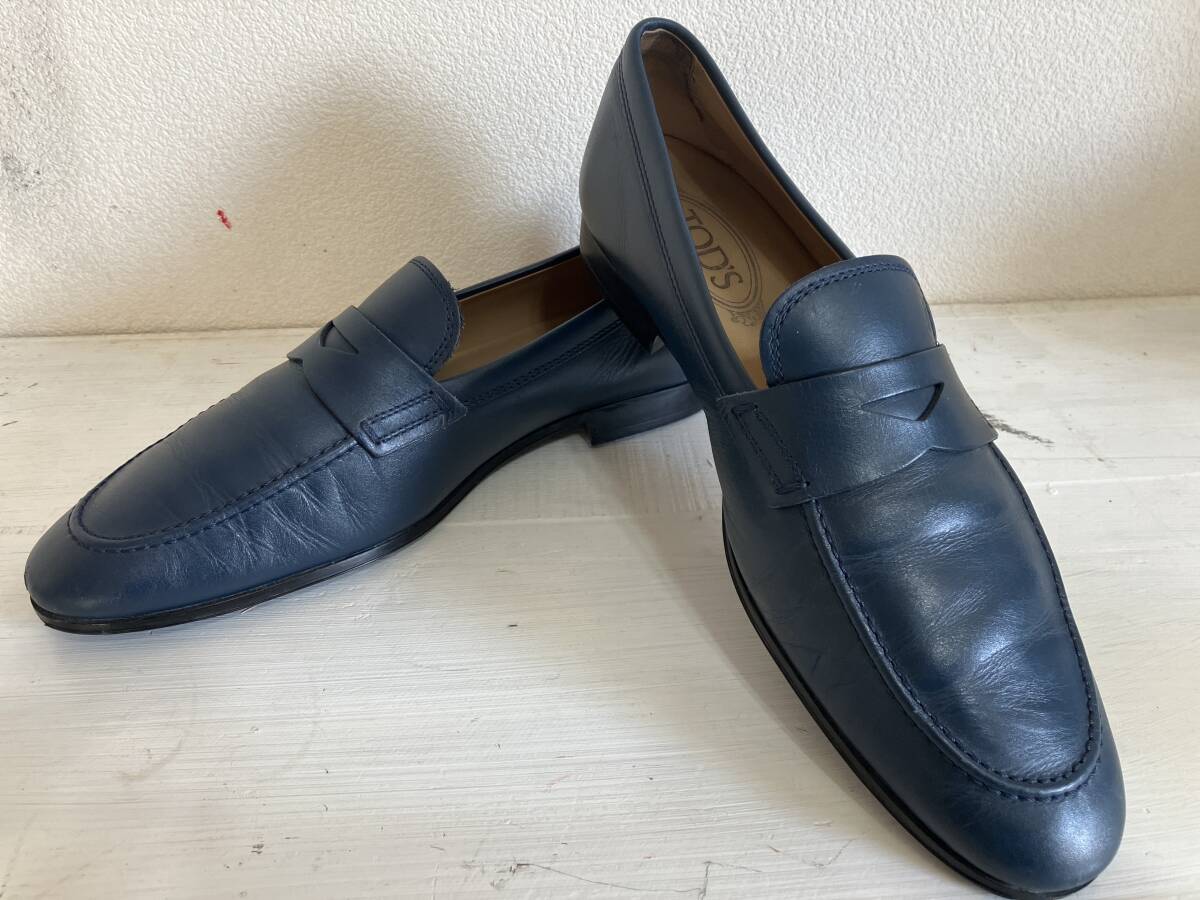 即決 TOD'S トッズ 上質レザー ローファー シューズ 短靴 イタリア製 紺青 6 1/2 25.5㎝位 美しいネイビーブルー拍卖