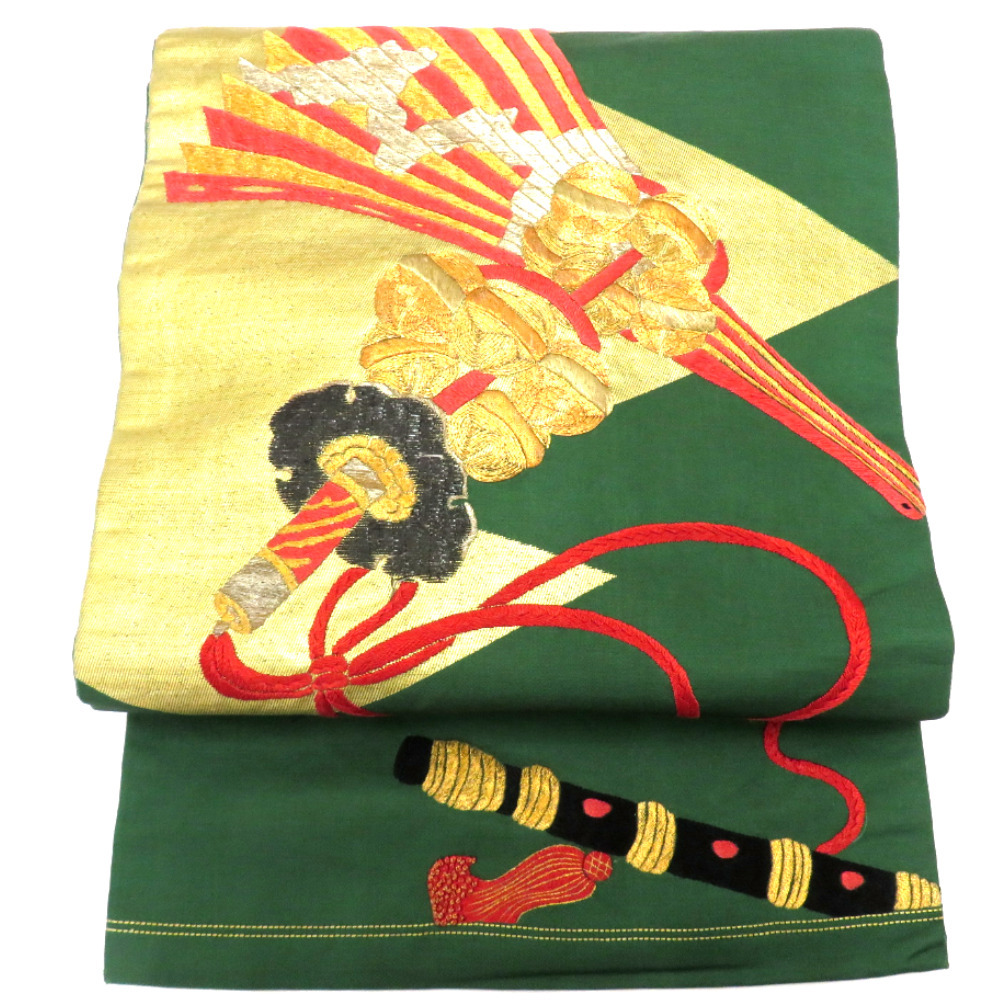 名古屋帯 アンティーク帯 昔名古屋帯 緑 金 渋オレンジ 黒 古典芸能 小道具 刺繍 金コマ刺繍 九寸帯 レトロ 明治・大正ロマン 長さ341cm拍卖