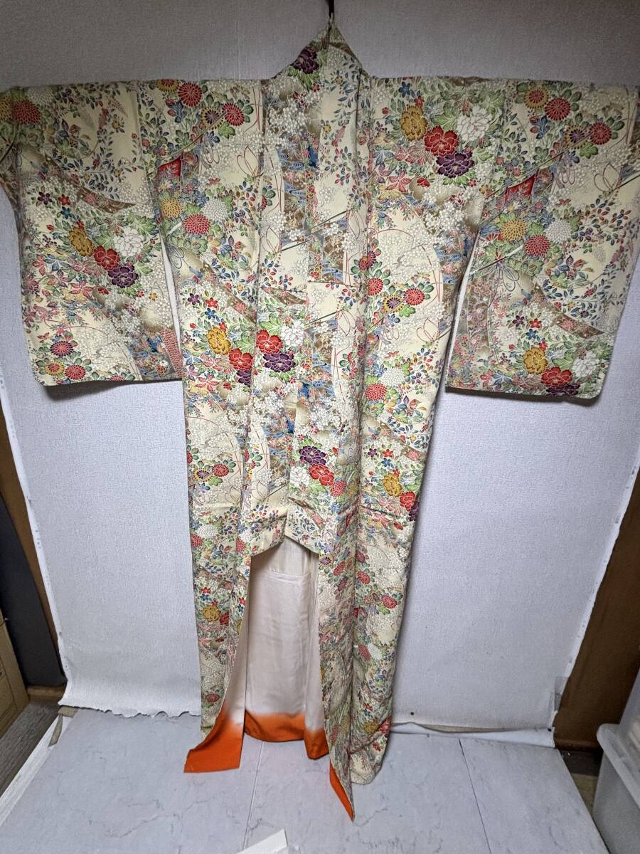d3347◆しつけ糸付き未使用◆小紋 袷 型染/縮緬 花文◆肩身丈167cm/裄丈67cm/袖幅34cm/袖丈56cm拍卖