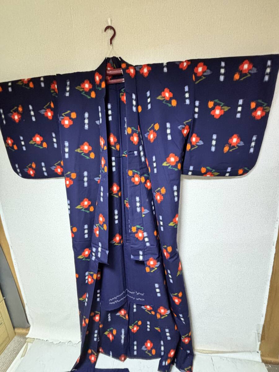 d3349◆レディース ウール アンサンブル 着物/羽織 紺花柄◆肩身丈167cm/裄丈67cm/袖幅34cm/袖丈54cm拍卖