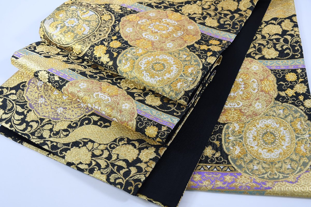 高級 袋帯 六通柄 更紗 金糸 唐花文様 帯丈447cm ★着物屋 ne-14311 桜庭呉服店拍卖